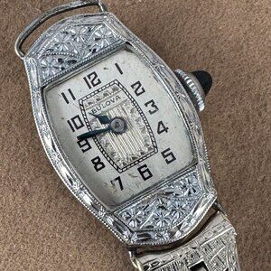 Antique Hand Engraved Bulova 1920's watch, crafted in 14K white gold filled Runs